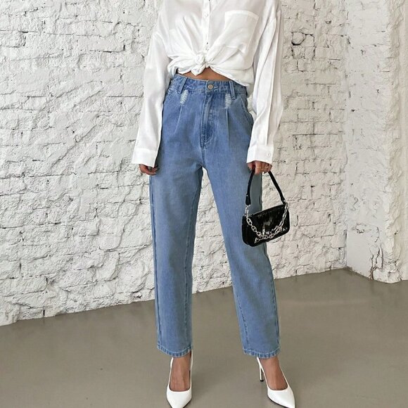 . Denim - Blue Casual Womens High Waist Plicated Detail Mom Fit Jeans